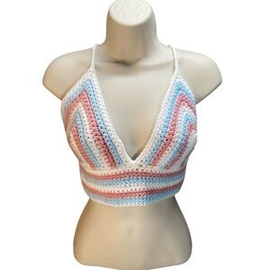 Y2k Crochet Halter Top Bra‎ Striped Pink Blue White Festival Rave Handmade Crop